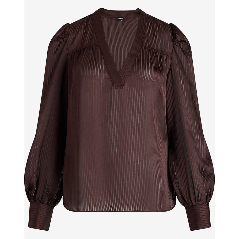 Express Women's Satin Top Size XS Brown Striped V-Neck Cuff Sleeve NWT $58 - Picture 4 of 15